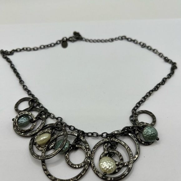 Lia Sophia Necklace | Gunmetal Tone Circles |Faux Pearl Beads 16”-19” Blue white - Picture 4 of 6